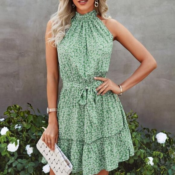 undefined Dresses & Skirts - Floral Halter Belted Ruffle Hem Dress